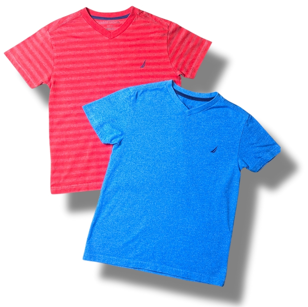 Boys Nautica V-Neck T-Shirts (2-Pack) | Blue & Red Striped | Size S (8)